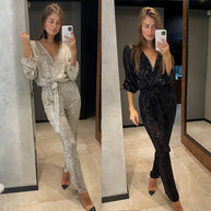 Damen Glamouröser Jumpsuit mit funkelnden Pailletten und elegantem tiefen V-Ausschnitt WW