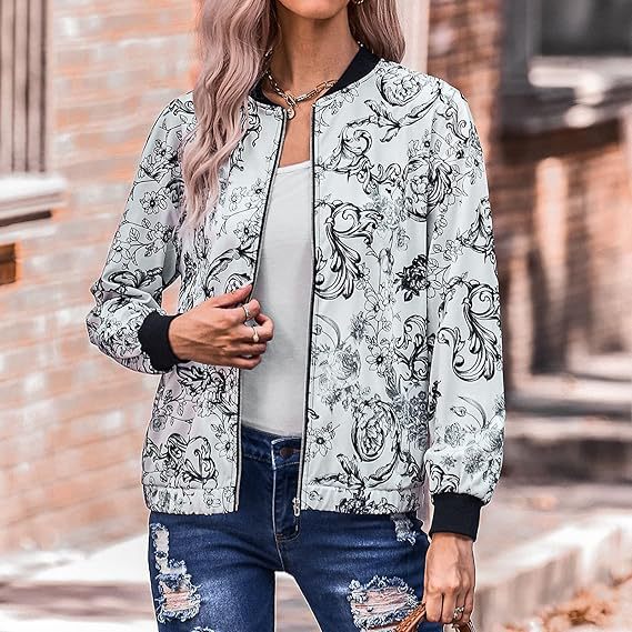 Damen Bomberjacke mit floralem Muster und elastischen Bündchen WW