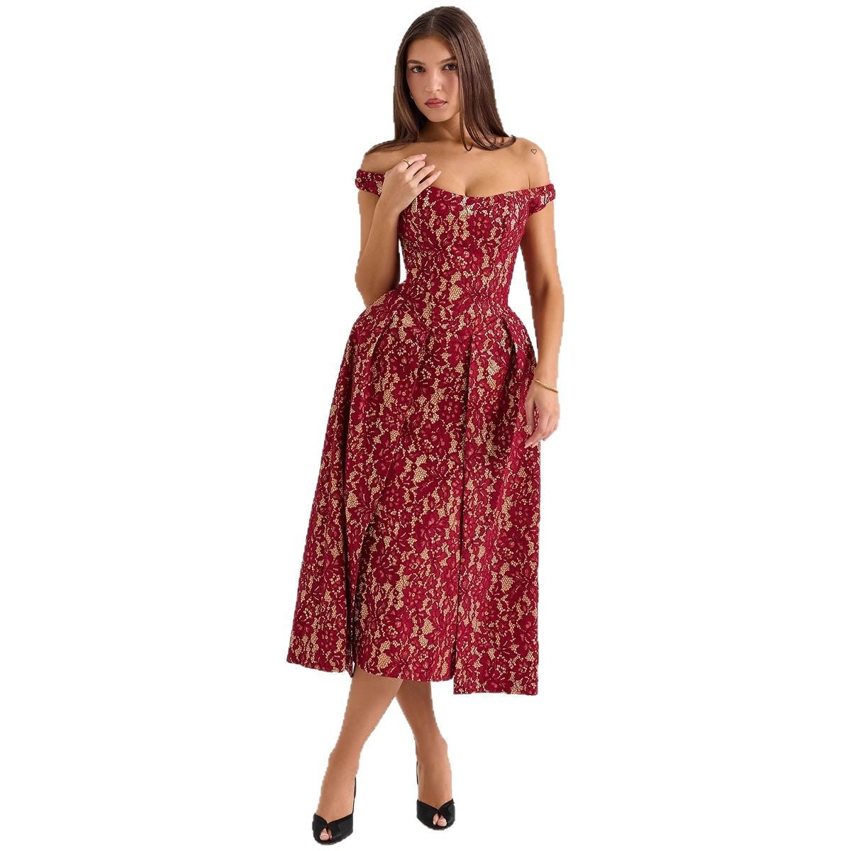 Damen Abendkleid mit schulterfreiem Design und exquisite Spitze WW