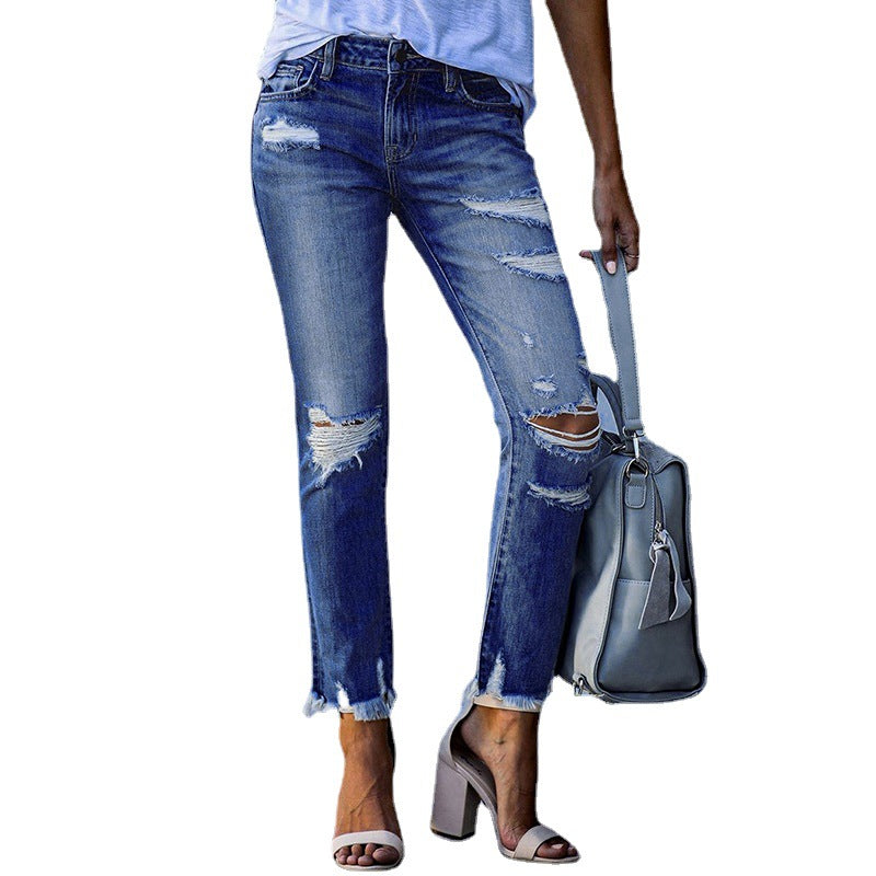 Damen Ripped High-Waist Jeans mit fransigem Saum und modischen Destroyed-Details WW