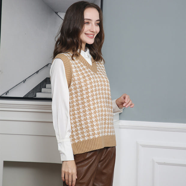 Damen Strickweste mit modernem Hahnentritt-Muster WW