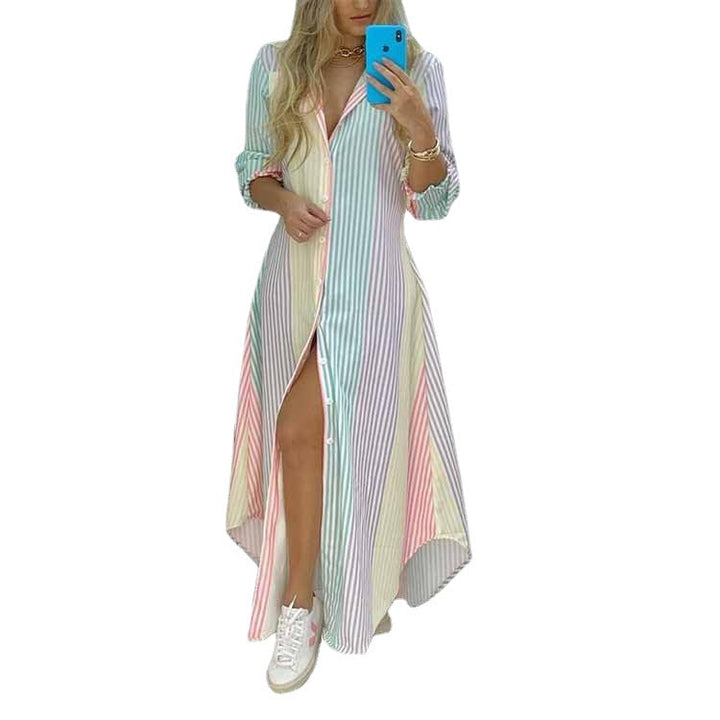 Damen Langarmhemdmaxikleid mit grafischem Muster und seitlichem Schlitz W&W Mode