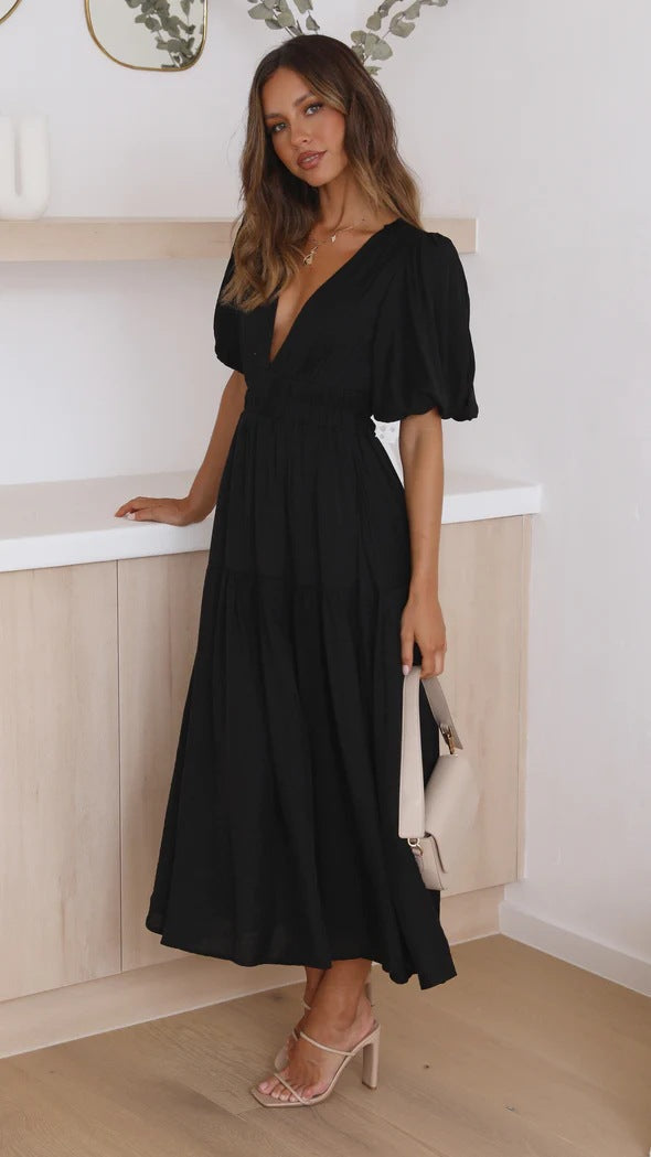 WW | Lässige Trends Sommer V-Ausschnitt Figurbetont Taillenkleid Midilänge