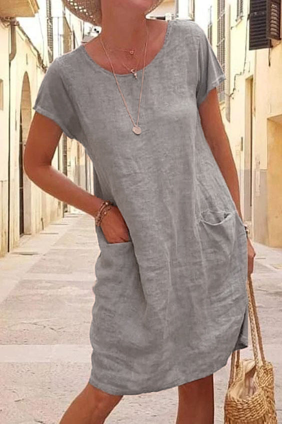 Damen lässiges Leinenkleid mit praktischen Taschen und lockerer Schnittführung WW