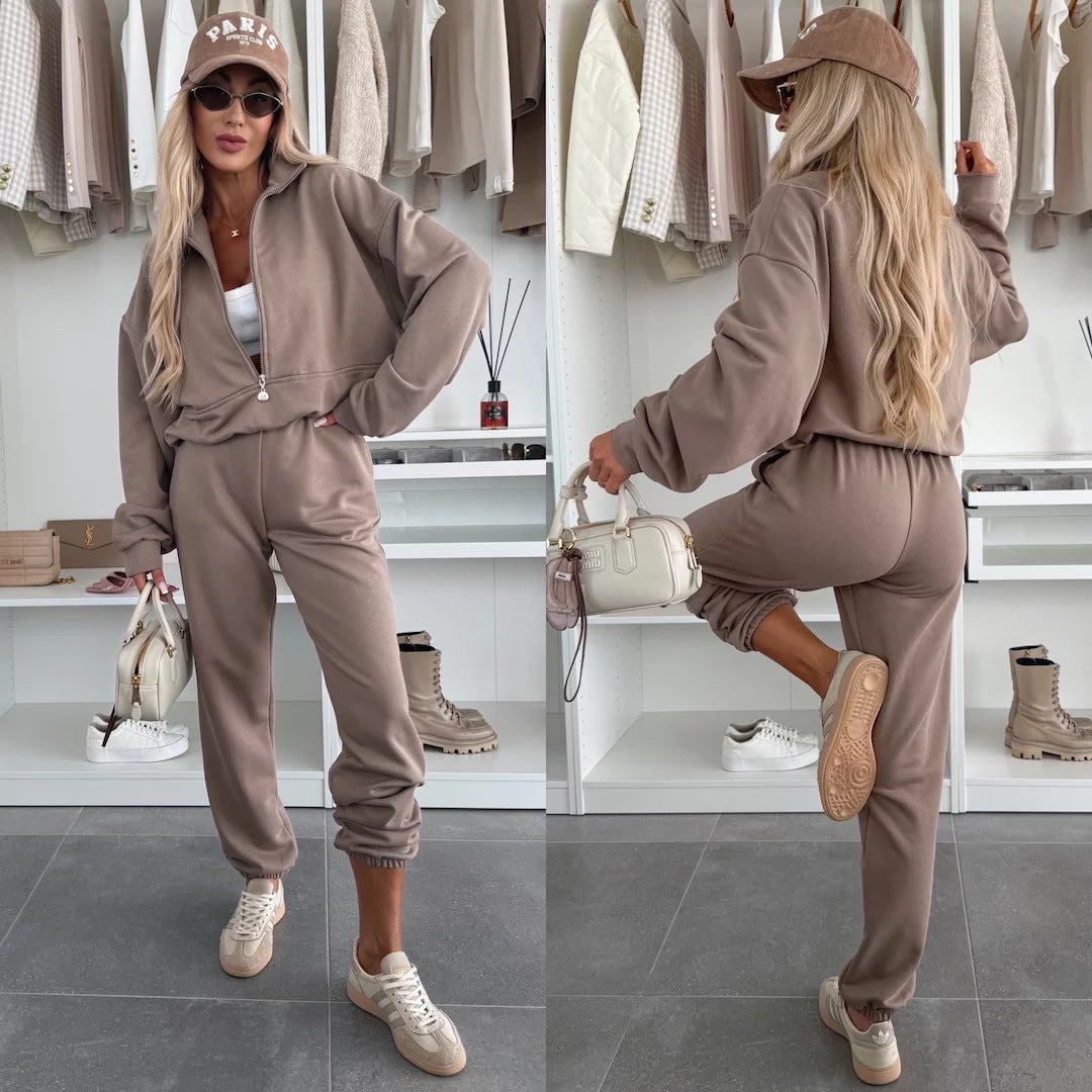 Damen sportliches Fleece-Set mit halbem Reißverschluss und elastischem Bund WW