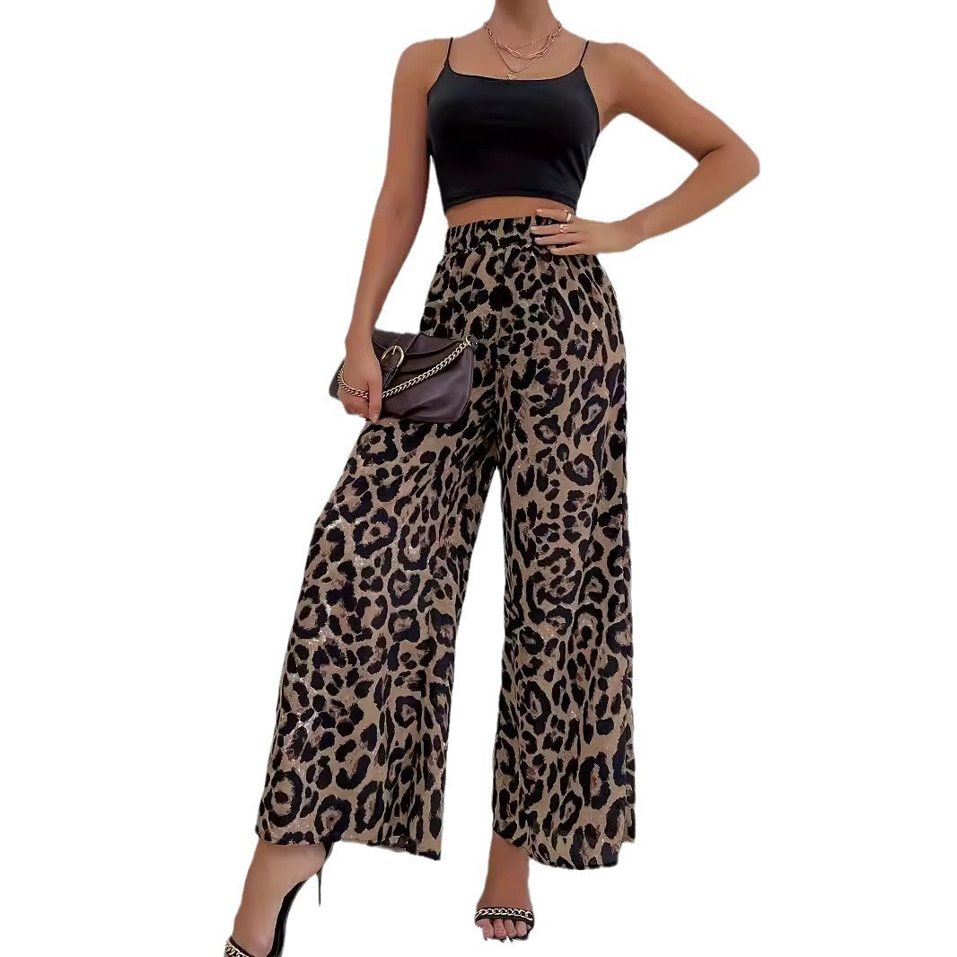 Damen Weite Leopard-Hosen aus fließendem Material mit elastischem Bund WW