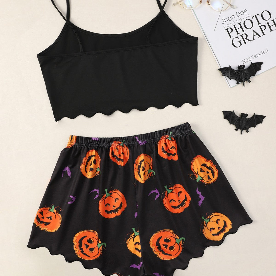 Damen lässiges Halloween Pyjama-Set mit Crop-Top und Shorts W&W Mode