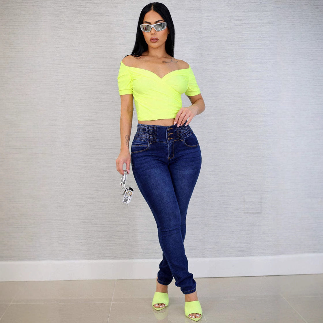 Damen Slim-Fit High-Waist Jeans mit elastischem Taillenbund WW