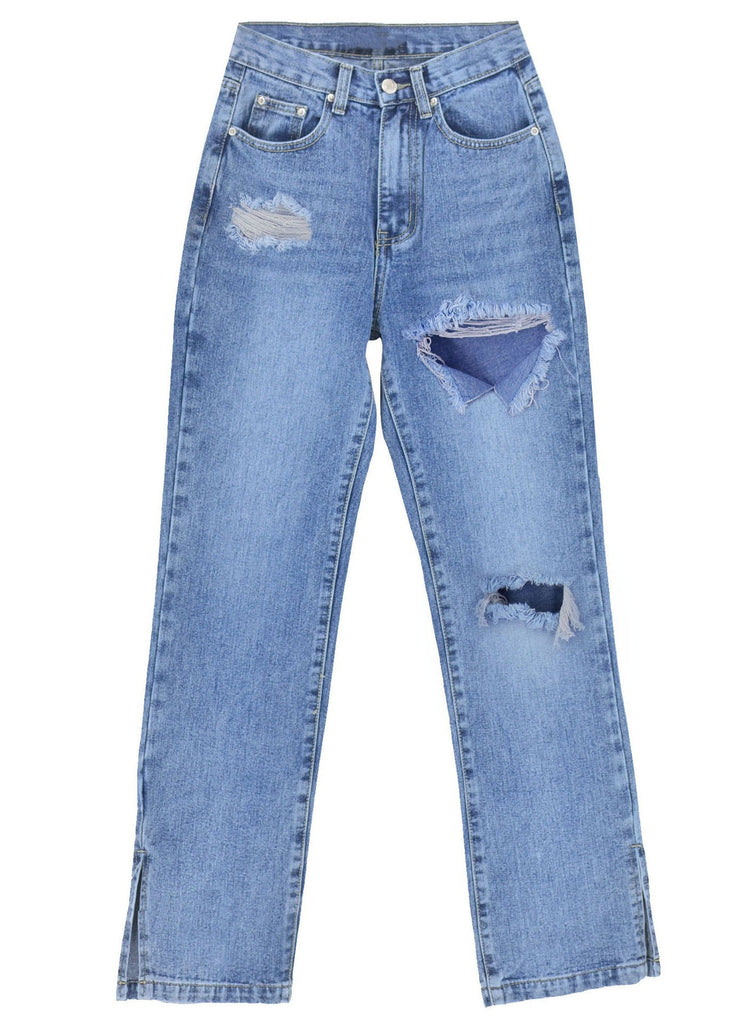 Damen lässige Ripped Jeans mit hoher Taille und modernen Fransen WW