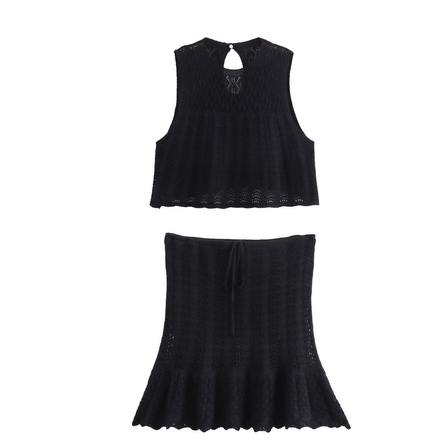 WWMODE | Mode Lässig Strickweste Hohlschliff Top Strick Kurzer Rock Set