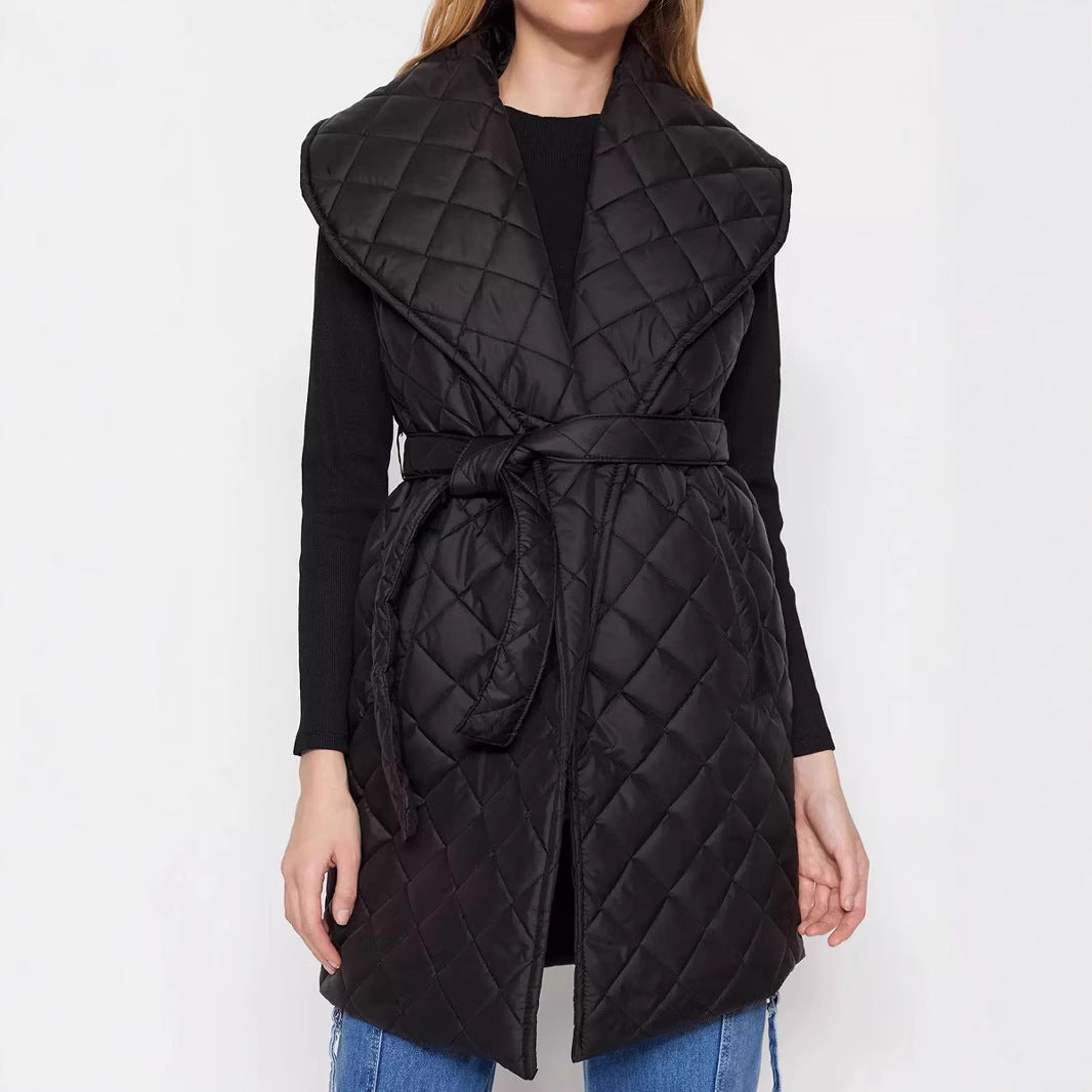 Damen Steppweste mit breitem Kragen und Taillengürtel WW