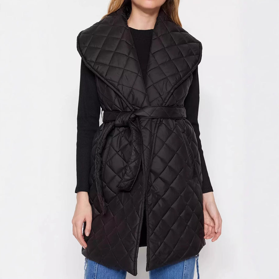 Damen Steppweste mit breitem Kragen und Taillengürtel WW