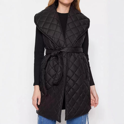 Damen Steppweste mit breitem Kragen und Taillengürtel WW