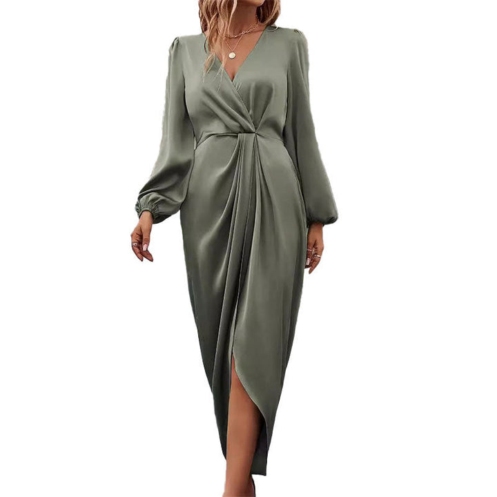 Damen Elegantes Maxikleid mit tiefem V-Ausschnitt und Ballonärmeln W&W Mode
