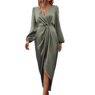 Damen Elegantes Maxikleid mit tiefem V-Ausschnitt und Ballonärmeln WW