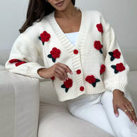 Damen Strickjacke mit floralen Applikationen und voluminösen Ärmeln WW