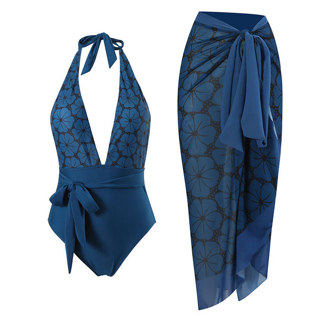 Damen Badeanzug mit elegantem Wickelrock und floralen Akzenten WW