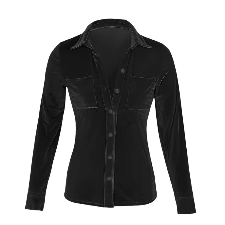 Damen elegante Seidenbluse mit Langen Ärmeln und aufgesetzten Taschen WW
