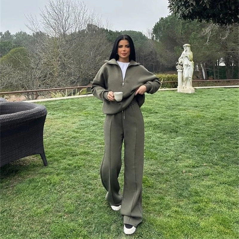 Damen Sportlicher Fleece-Trainingsanzug mit hohem Stehkragen und Reißverschluss WW