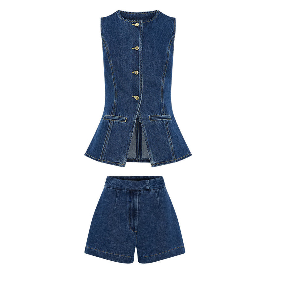 WW | Denim Slim Fit Weste Shorts Zweiteiliges Set