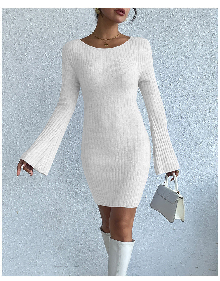 W&W Mode | Langärmliges Trompetenärmel Offener Rücken Strickkleid