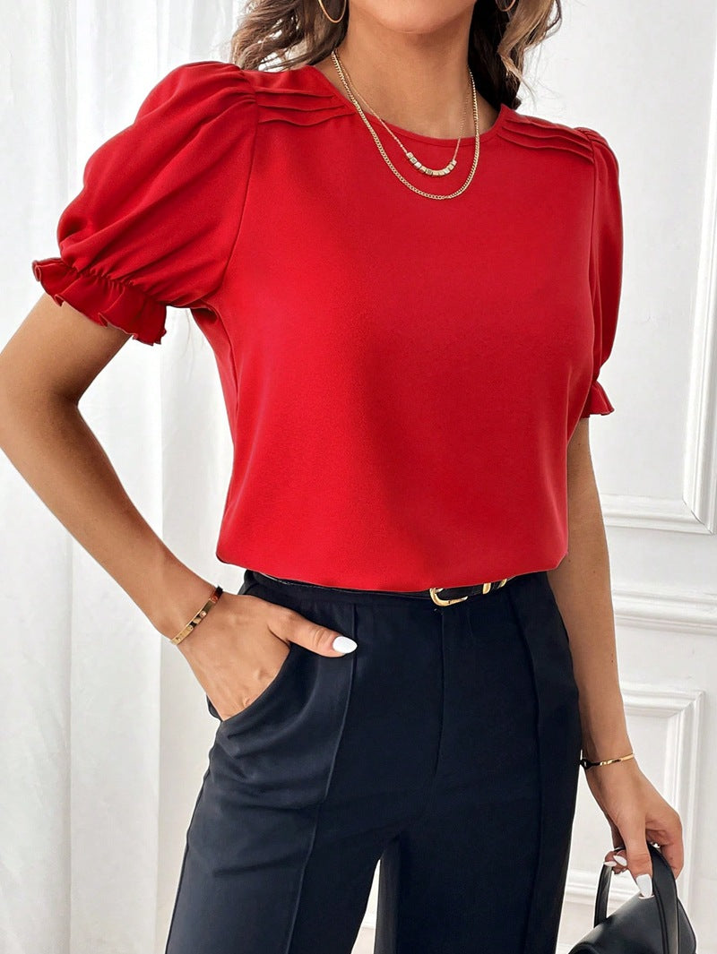 WW Pure-Color-Rundhals-Shirt-Top mit Temperament