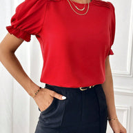 WW Pure-Color-Rundhals-Shirt-Top mit Temperament