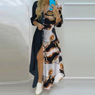 Damen Langarmhemdmaxikleid mit grafischem Muster und seitlichem Schlitz WW