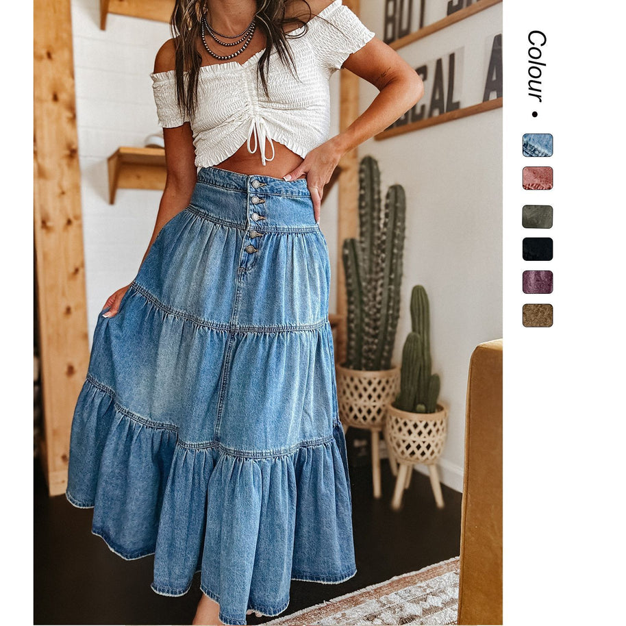 Damen Baumwollrock mit voluminösem Stufen-Design und modischem Knopfdetail WW