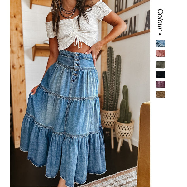 Damen Baumwollrock mit voluminösem Stufen-Design und modischem Knopfdetail WW