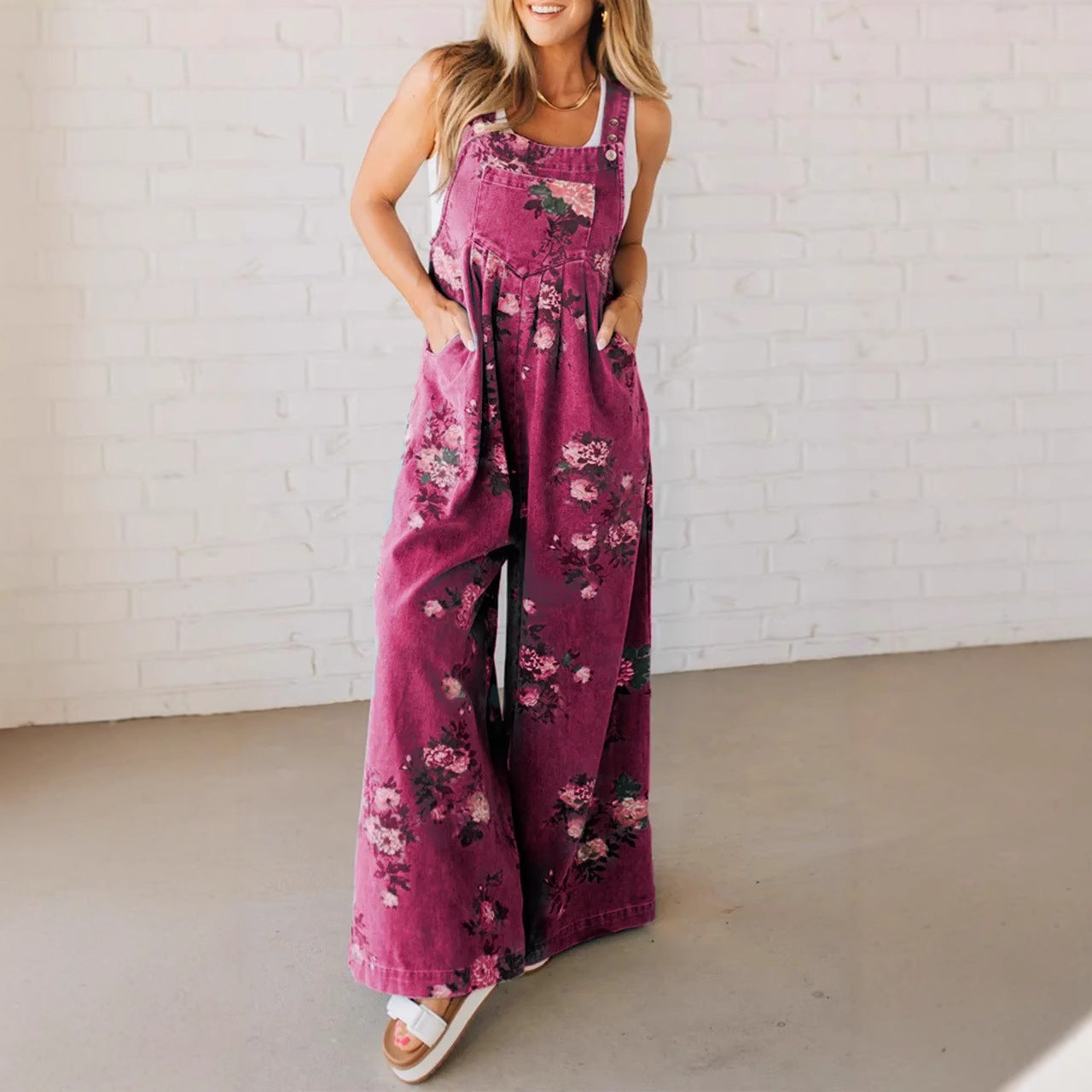 Damen Baumwoll-Overall mit floralem Druck und weiten Beinen WW