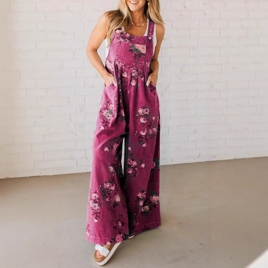 Damen Baumwoll-Overall mit floralem Druck und weiten Beinen WW
