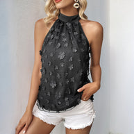 Damen blumenverzierte Chiffon Bluse mit hochgeschlossenem Kragen WW