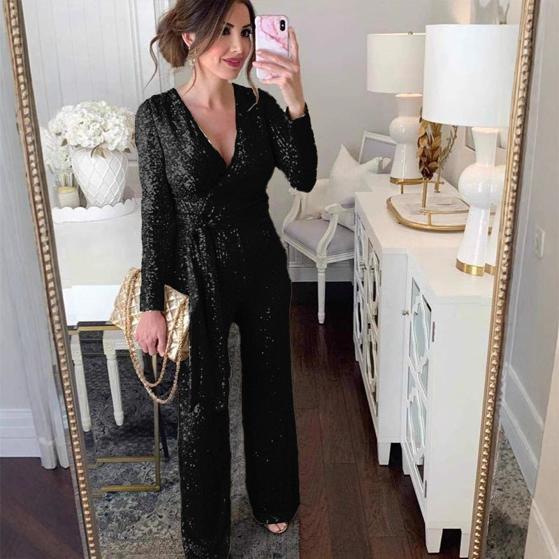 Damen Glamouröser Jumpsuit mit funkelnden Pailletten und elegantem tiefen V-Ausschnitt WW