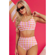 Damen Bikiniset mit hoch geschnittenen Hosen und modischem Karomuster WW