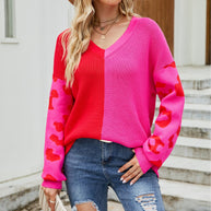 Damen farbenfroher Pullover im modischen Blockfarben-Design mit Leopardenmuster WW