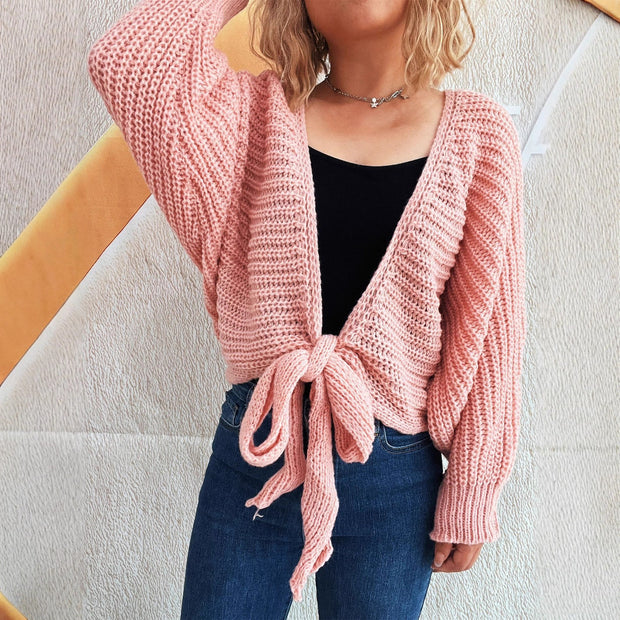 Damen Strickjacke mit verspieltem Bindegürtel und voluminösen Ärmeln WW