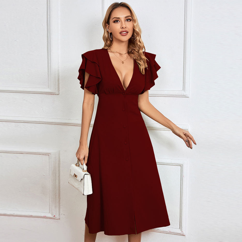 Damen Midikleid mit voluminösen Rüschendetails und tiefem V-Ausschnitt W&W Mode