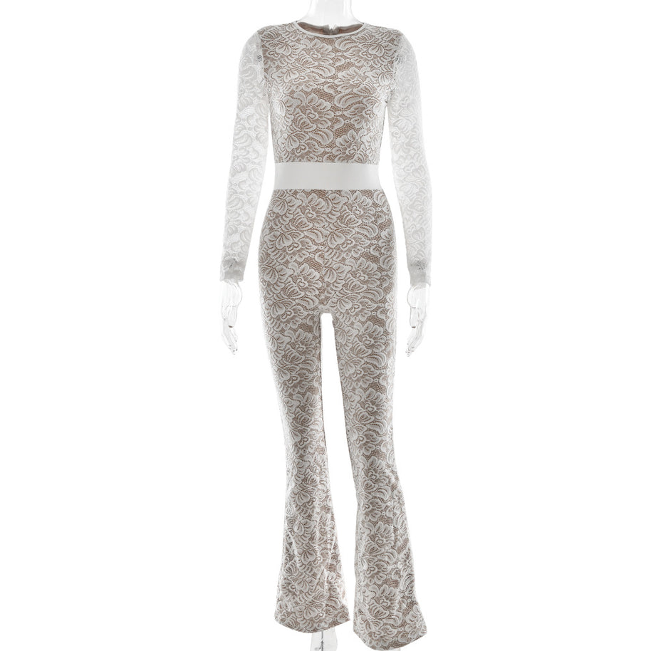Damen Eleganter Spitzen-Overall mit floralen Motiven W&W