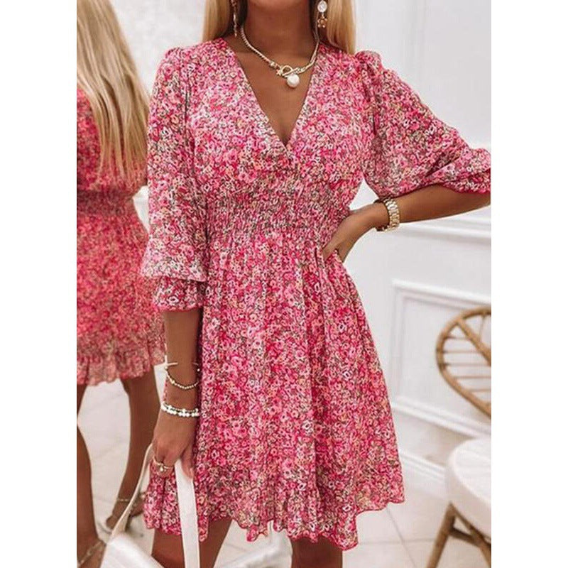 Damen Blusenkleid im romantischen Floral-Design mit V-Ausschnitt und Rüschenärmeln WW