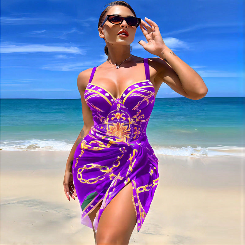 Damen Strandkleid mit elegantem Wickel-Design und auffälligem Muster WW