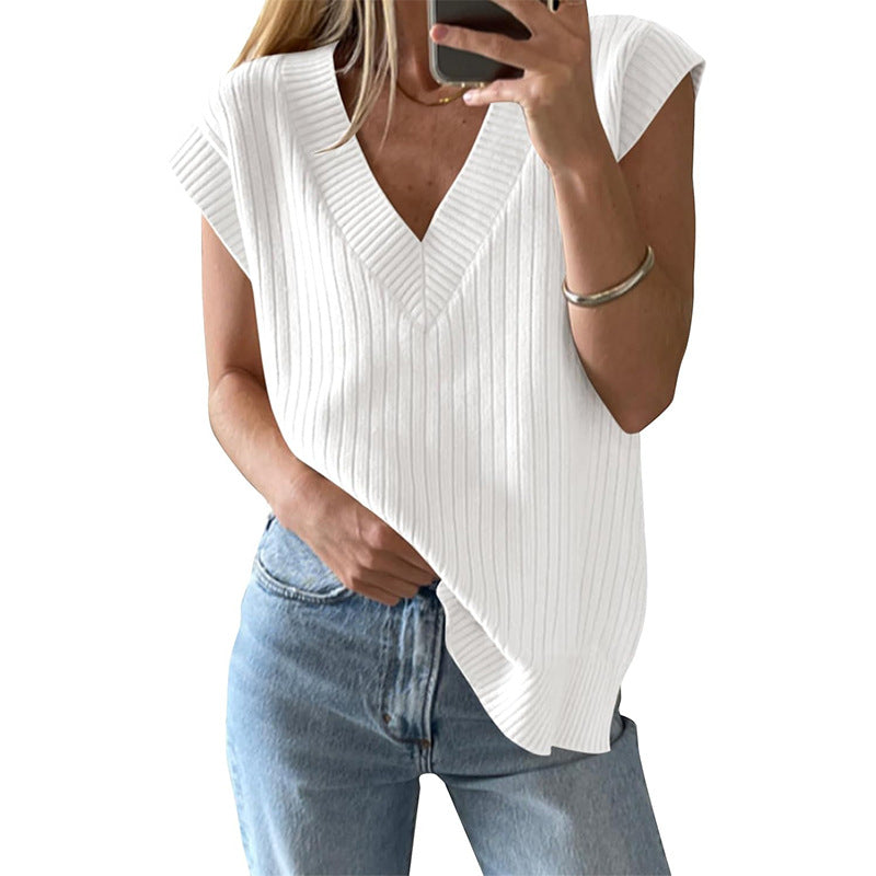 Damen lässiges V-Ausschnitt Oberteil aus Rippstrickmaterial WW