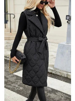 Damen Steppweste mit Taillengürtel und schickem Kragen WW