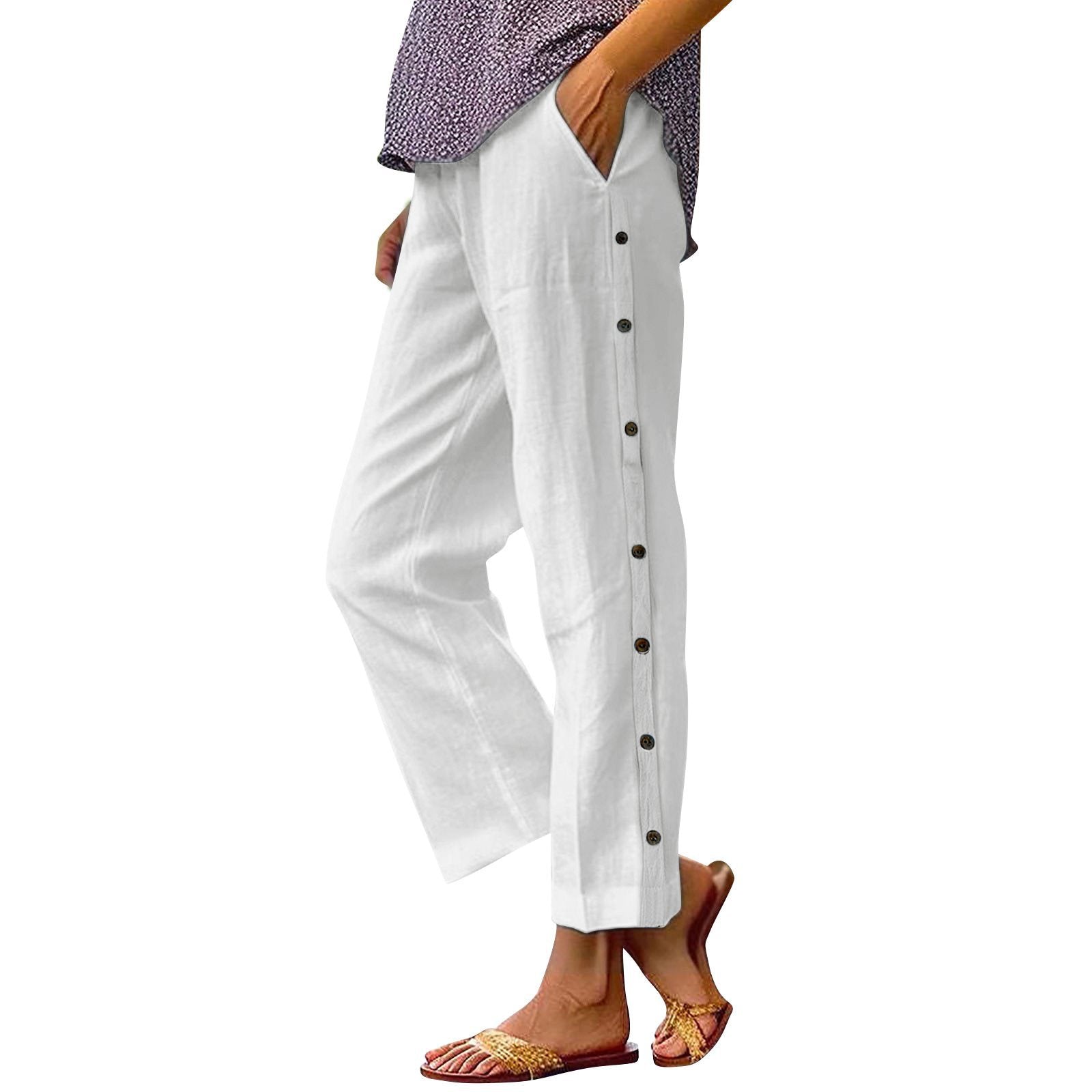 Damen Bequeme Leinenhose mit Knopfdetails WW