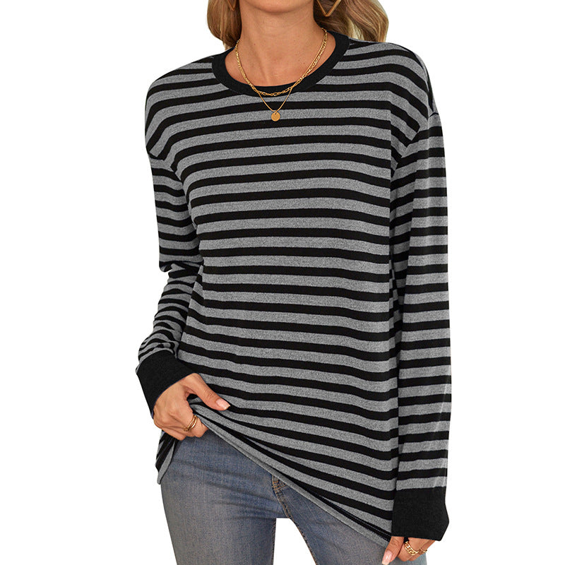 Damen bequemes Langarmshirt mit gestreiftem Design und Rundhalsausschnitt WW