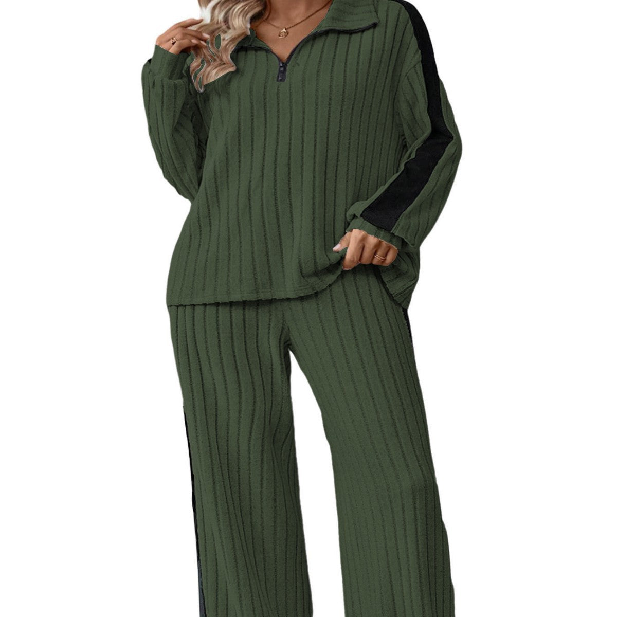 Damen bequemer Loungewear-Set mit strukturiertem Stoff und Halbzip WW