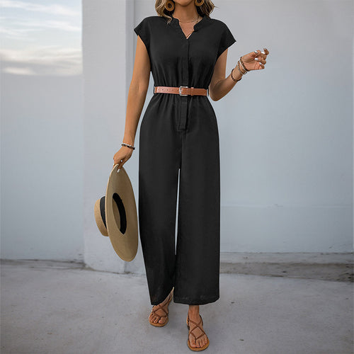 Damen Jumpsuit mit elegantem Taillengürtel und modernem V-Ausschnitt WW