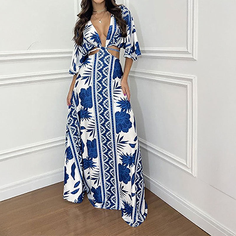 Damen Maxi-Kleid mit tiefem V-Ausschnitt und Wellenmuster W&W Mode