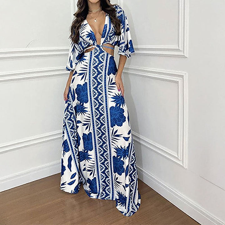 Damen Maxi-Kleid mit tiefem V-Ausschnitt und Wellenmuster W&W Mode