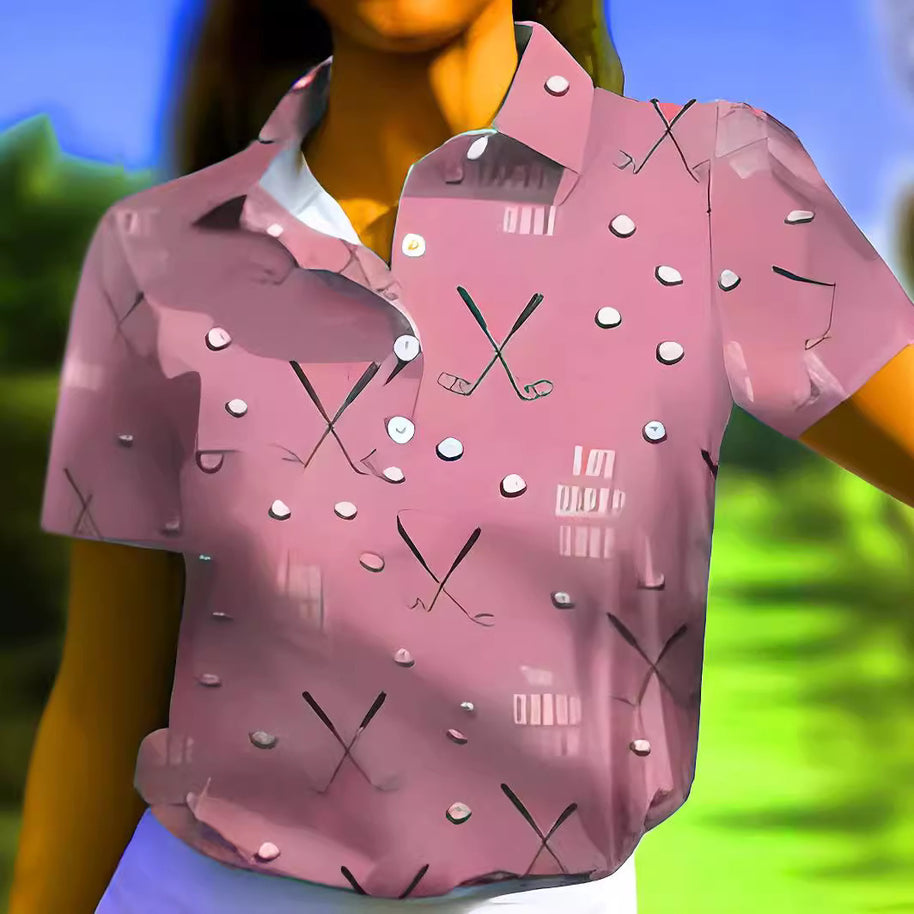Damen Kurzarm-Hemd mit modischem Golf-Print und komfortablem Schnitt WW